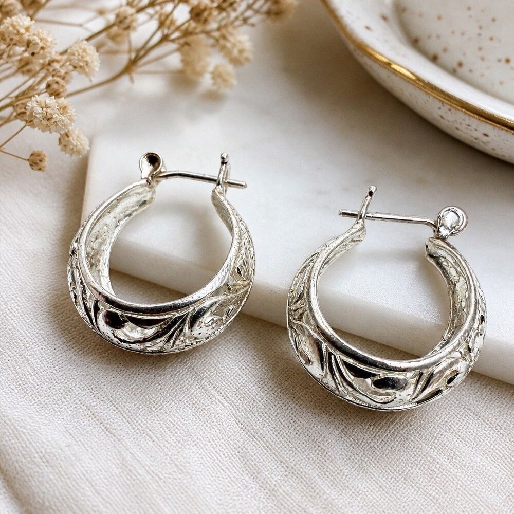 Vintage 925 Sterling Silver Filigree Hoop Earrings Scroll Huggie Boho Y2K